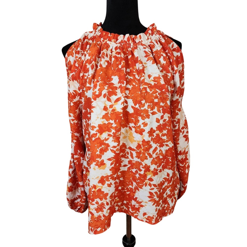 VINCE CAMUTO Size Medium Orange Floral Split Sleeve Cold Shoulder Blouse Office